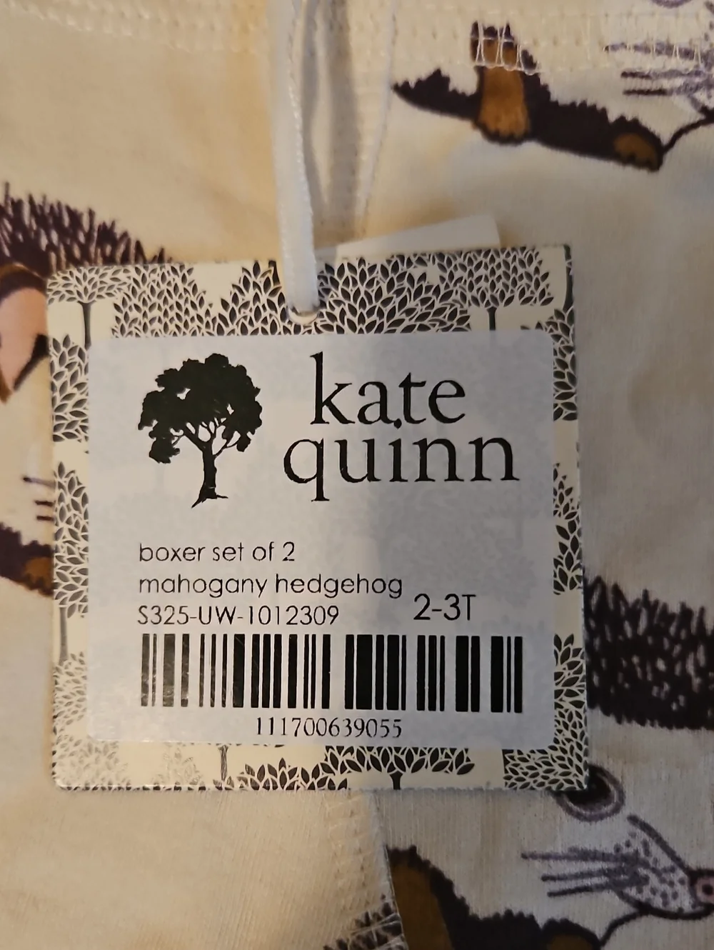 NWT Kate Quinn Boxer Brief Set Mahogany Hedgehog 2-3T Organic Cotton Boys Boxers